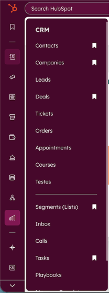 HubSpot navbar before customisation — many items